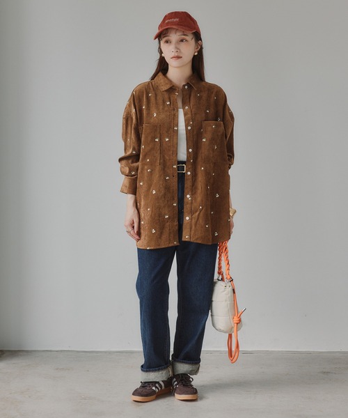 210nouve（トゥージュヌーブ）の「コーデュロイ 花柄 刺繍 ビッグ シャツ ジャケット（シャツ/ブラウス・レディース・ブラウン/アイボリー・FREE）」の10枚目の写真
