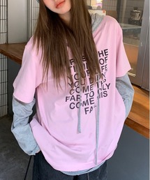 Tシャツレイヤード風英字ロゴフードロングT シャツ