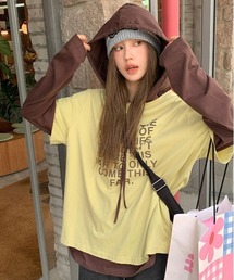 Tシャツレイヤード風英字ロゴフードロングT シャツ