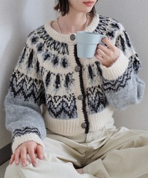 バイカラー ノルディック柄ショートニットカーデ