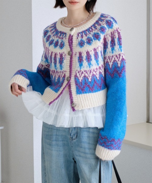 Rejoule（リジュール）の「バイカラー ノルディック柄ショートニットカーデ（カーディガン/ボレロ・レディース・ブラック/パープル/グリーン・FREE）」の7枚目の写真