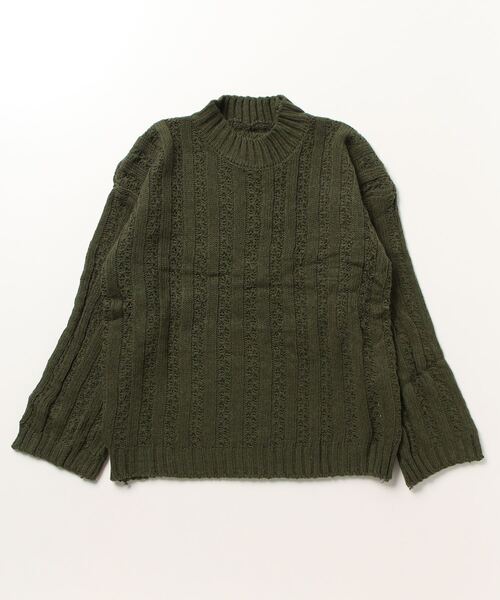 STYLEBLOCK(スタイルブロック)の「ストライプ柄編みハイネックビッグニット(ニット/セーター・レディース・ブラック/ベージュ/グリーン/マスタード・FREE)」の3枚目の写真