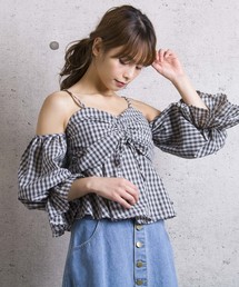 【Jewelobe/ ジュエローブ】 オフショルチェックトップス