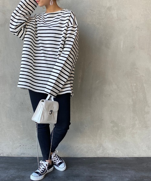 JEANS FACTORY Clothes（ジーンズファクトリークローズ）の「[Jeans Factory Clothes/ジーンズファクトリークローズ] ヘビー米綿天竺ビッグシルエットバスクTシャツ（Tシャツ/カットソー・メンズ・ブラック/ホワイト×ブラック/ベージュ/ホワイト×ネイビー/オフホワイト・S/M/L）」の3枚目の写真