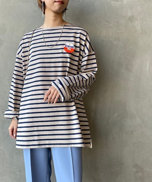 JEANS FACTORY Clothes（ジーンズファクトリークローズ）の「[Jeans Factory Clothes/ジーンズファクトリークローズ] ヘビー米綿天竺ビッグシルエットバスクTシャツ（Tシャツ/カットソー・メンズ・ブラック/ホワイト×ブラック/ベージュ/ホワイト×ネイビー/オフホワイト・S/M/L）」の5枚目の写真