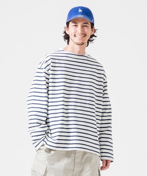 JEANS FACTORY Clothes（ジーンズファクトリークローズ）の「[Jeans Factory Clothes/ジーンズファクトリークローズ] ヘビー米綿天竺ビッグシルエットバスクTシャツ（Tシャツ/カットソー・メンズ・ブラック/ホワイト×ブラック/ベージュ/ホワイト×ネイビー/オフホワイト・S/M/L）」の4枚目の写真