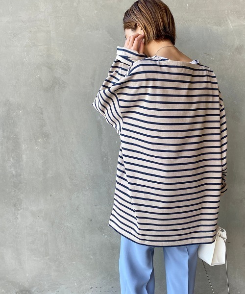 JEANS FACTORY Clothes（ジーンズファクトリークローズ）の「[Jeans Factory Clothes/ジーンズファクトリークローズ] ヘビー米綿天竺ビッグシルエットバスクTシャツ（Tシャツ/カットソー・メンズ・ブラック/ホワイト×ブラック/ベージュ/ホワイト×ネイビー/オフホワイト・S/M/L）」の18枚目の写真