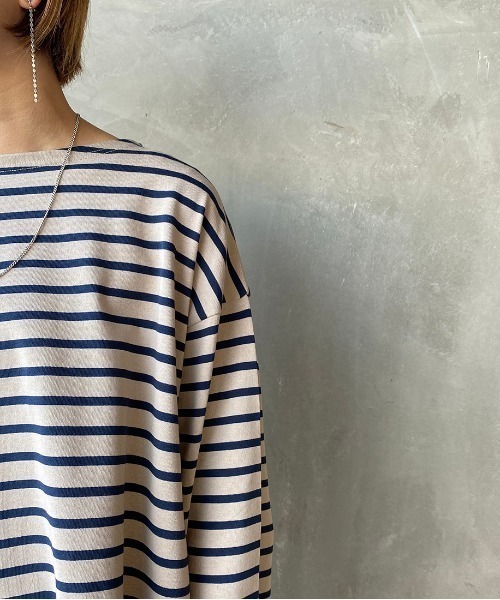 JEANS FACTORY Clothes（ジーンズファクトリークローズ）の「[Jeans Factory Clothes/ジーンズファクトリークローズ] ヘビー米綿天竺ビッグシルエットバスクTシャツ（Tシャツ/カットソー・メンズ・ブラック/ホワイト×ブラック/ベージュ/ホワイト×ネイビー/オフホワイト・S/M/L）」の10枚目の写真