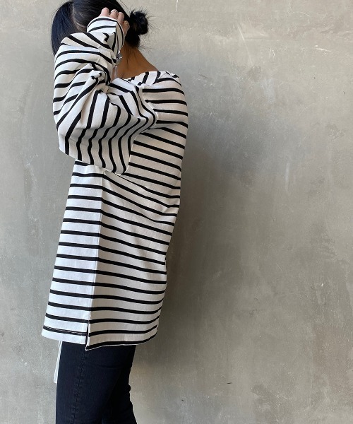 JEANS FACTORY Clothes（ジーンズファクトリークローズ）の「[Jeans Factory Clothes/ジーンズファクトリークローズ] ヘビー米綿天竺ビッグシルエットバスクTシャツ（Tシャツ/カットソー・メンズ・ブラック/ホワイト×ブラック/ベージュ/ホワイト×ネイビー/オフホワイト・S/M/L）」の16枚目の写真