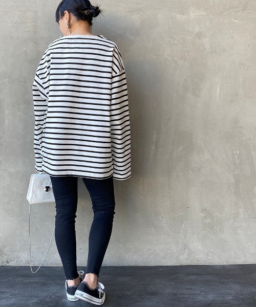 JEANS FACTORY Clothes（ジーンズファクトリークローズ）の「[Jeans Factory Clothes/ジーンズファクトリークローズ] ヘビー米綿天竺ビッグシルエットバスクTシャツ（Tシャツ/カットソー・メンズ・ブラック/ホワイト×ブラック/ベージュ/ホワイト×ネイビー/オフホワイト・S/M/L）」の8枚目の写真