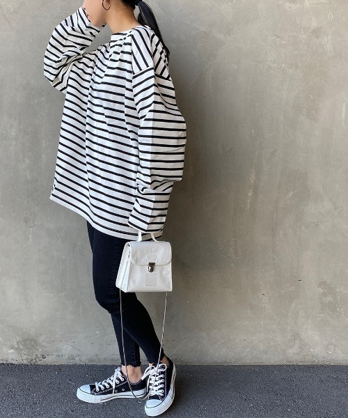 JEANS FACTORY Clothes（ジーンズファクトリークローズ）の「[Jeans Factory Clothes/ジーンズファクトリークローズ] ヘビー米綿天竺ビッグシルエットバスクTシャツ（Tシャツ/カットソー・メンズ・ブラック/ホワイト×ブラック/ベージュ/ホワイト×ネイビー/オフホワイト・S/M/L）」の20枚目の写真