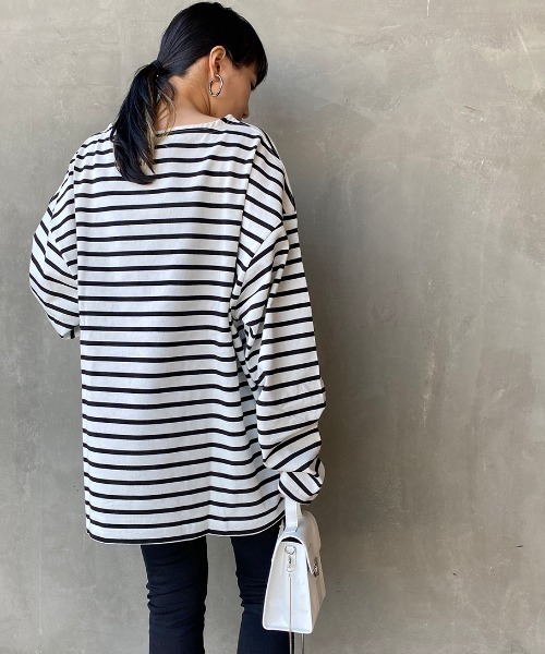 JEANS FACTORY Clothes（ジーンズファクトリークローズ）の「[Jeans Factory Clothes/ジーンズファクトリークローズ] ヘビー米綿天竺ビッグシルエットバスクTシャツ（Tシャツ/カットソー・メンズ・ブラック/ホワイト×ブラック/ベージュ/ホワイト×ネイビー/オフホワイト・S/M/L）」の9枚目の写真