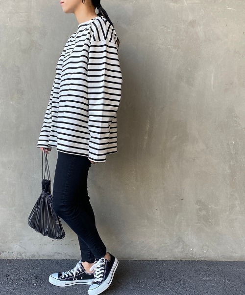 JEANS FACTORY Clothes（ジーンズファクトリークローズ）の「[Jeans Factory Clothes/ジーンズファクトリークローズ] ヘビー米綿天竺ビッグシルエットバスクTシャツ（Tシャツ/カットソー・メンズ・ブラック/ホワイト×ブラック/ベージュ/ホワイト×ネイビー/オフホワイト・S/M/L）」の15枚目の写真