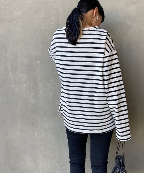 JEANS FACTORY Clothes（ジーンズファクトリークローズ）の「[Jeans Factory Clothes/ジーンズファクトリークローズ] ヘビー米綿天竺ビッグシルエットバスクTシャツ（Tシャツ/カットソー・メンズ・ブラック/ホワイト×ブラック/ベージュ/ホワイト×ネイビー/オフホワイト・S/M/L）」の7枚目の写真