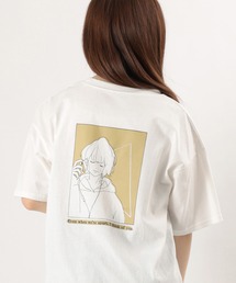 ビッグシルエット ガールイラスト バックプリントTシャツ/ラウンドシルエット/半袖Tシャツ