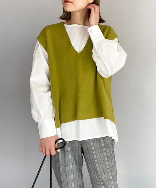 PICCIN（ピッチン）の「ニットベスト付き後ろプリーツブラウス（シャツ/ブラウス・レディース・ブラック/ベージュ/黄緑系・M）」の18枚目の写真