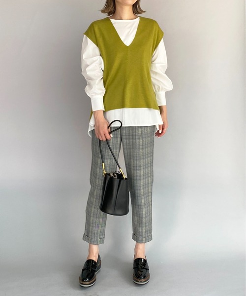 PICCIN（ピッチン）の「ニットベスト付き後ろプリーツブラウス（シャツ/ブラウス・レディース・ブラック/ベージュ/黄緑系・M）」の13枚目の写真