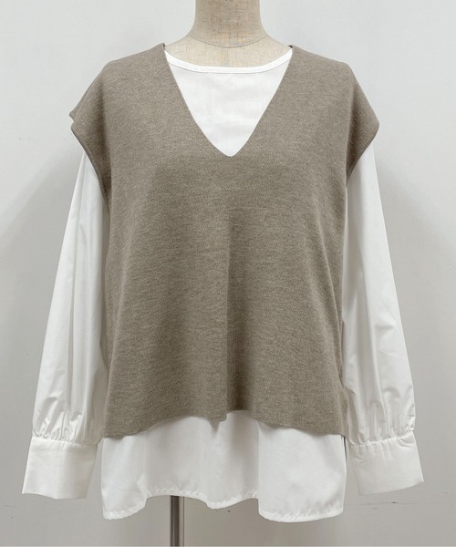 PICCIN（ピッチン）の「ニットベスト付き後ろプリーツブラウス（シャツ/ブラウス・レディース・ブラック/ベージュ/黄緑系・M）」の14枚目の写真