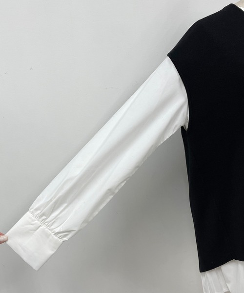 PICCIN（ピッチン）の「ニットベスト付き後ろプリーツブラウス（シャツ/ブラウス・レディース・ブラック/ベージュ/黄緑系・M）」の4枚目の写真