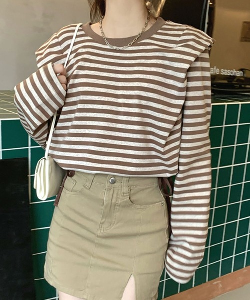 me+em select（ミームセレクト）の「ドロストサイドリボンボーダートップス【数量限定販売】（Tシャツ/カットソー・レディース・ブラック/ブラウン/グリーン・FREE）」の3枚目の写真