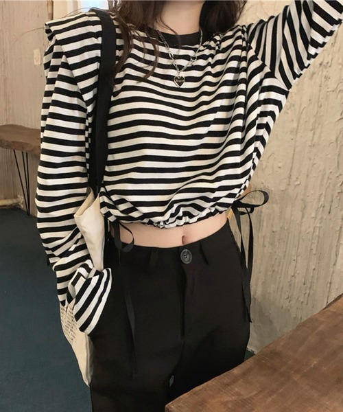 me+em select（ミームセレクト）の「ドロストサイドリボンボーダートップス【数量限定販売】（Tシャツ/カットソー・レディース・ブラック/ブラウン/グリーン・FREE）」の2枚目の写真