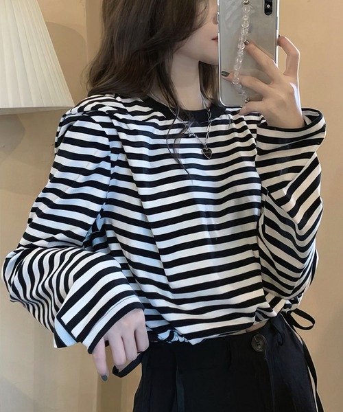 me+em select（ミームセレクト）の「ドロストサイドリボンボーダートップス【数量限定販売】（Tシャツ/カットソー・レディース・ブラック/ブラウン/グリーン・FREE）」の7枚目の写真