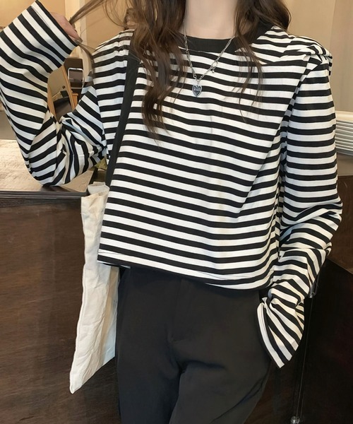 me+em select（ミームセレクト）の「ドロストサイドリボンボーダートップス【数量限定販売】（Tシャツ/カットソー・レディース・ブラック/ブラウン/グリーン・FREE）」の10枚目の写真