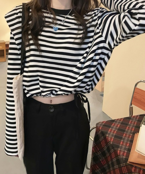 me+em select（ミームセレクト）の「ドロストサイドリボンボーダートップス【数量限定販売】（Tシャツ/カットソー・レディース・ブラック/ブラウン/グリーン・FREE）」の13枚目の写真