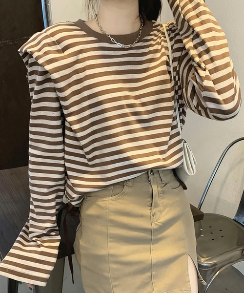 me+em select（ミームセレクト）の「ドロストサイドリボンボーダートップス【数量限定販売】（Tシャツ/カットソー・レディース・ブラック/ブラウン/グリーン・FREE）」の22枚目の写真