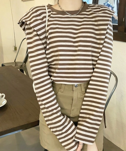 me+em select（ミームセレクト）の「ドロストサイドリボンボーダートップス【数量限定販売】（Tシャツ/カットソー・レディース・ブラック/ブラウン/グリーン・FREE）」の14枚目の写真