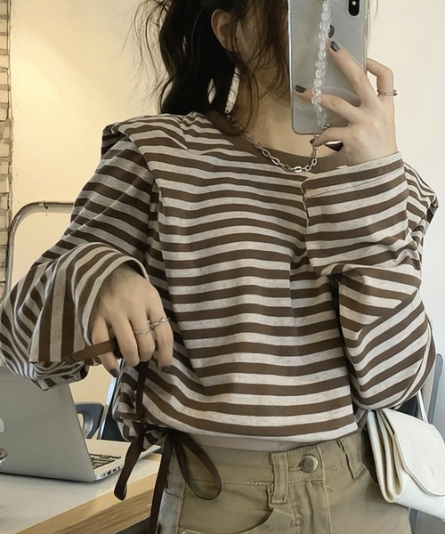 me+em select（ミームセレクト）の「ドロストサイドリボンボーダートップス【数量限定販売】（Tシャツ/カットソー・レディース・ブラック/ブラウン/グリーン・FREE）」の8枚目の写真