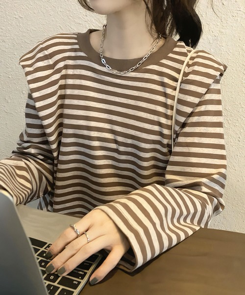me+em select（ミームセレクト）の「ドロストサイドリボンボーダートップス【数量限定販売】（Tシャツ/カットソー・レディース・ブラック/ブラウン/グリーン・FREE）」の20枚目の写真