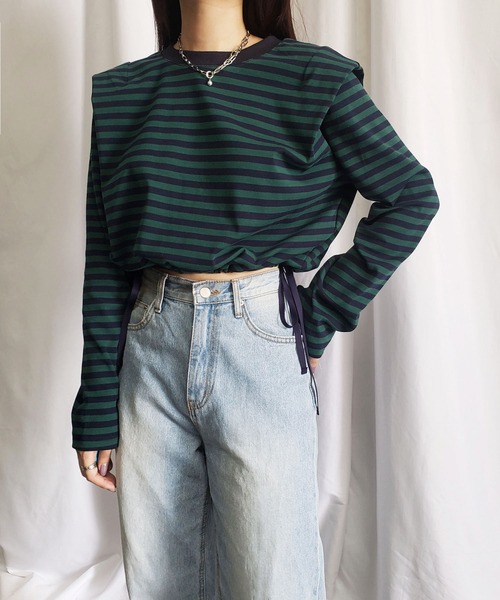 me+em select（ミームセレクト）の「ドロストサイドリボンボーダートップス【数量限定販売】（Tシャツ/カットソー・レディース・ブラック/ブラウン/グリーン・FREE）」の5枚目の写真