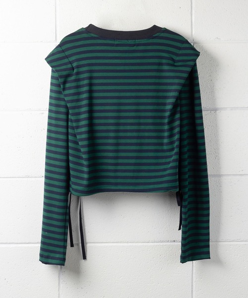 me+em select（ミームセレクト）の「ドロストサイドリボンボーダートップス【数量限定販売】（Tシャツ/カットソー・レディース・ブラック/ブラウン/グリーン・FREE）」の9枚目の写真
