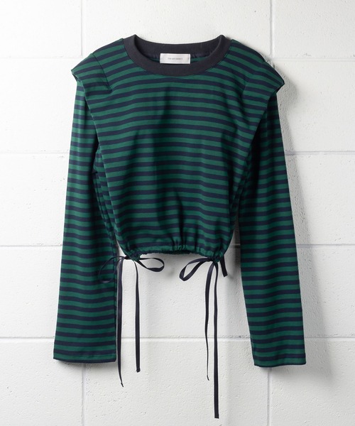 me+em select（ミームセレクト）の「ドロストサイドリボンボーダートップス【数量限定販売】（Tシャツ/カットソー・レディース・ブラック/ブラウン/グリーン・FREE）」の6枚目の写真