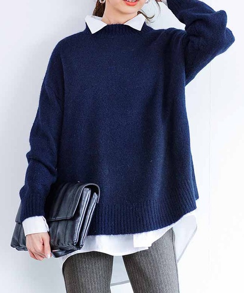 IEDIT（イディット）の「ＩＥＤＩＴ　着心地ふんわり軽やか　アルパカ混のウオッシャブルフレアーニット（ニット/セーター・レディース・ネイビー/グレー/ベージュ・MEDIUM/LARGE/X-LARGE/XX-LARGE）」の3枚目の写真