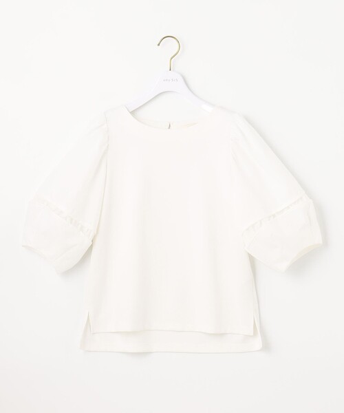 ANY SIS(エニィスィス)の「【洗える】異素材コンビパフスリーブ カットソー(Tシャツ/カットソー・レディース・ブラック系/ライトグレー系/アイボリー系・2)」の2枚目の写真