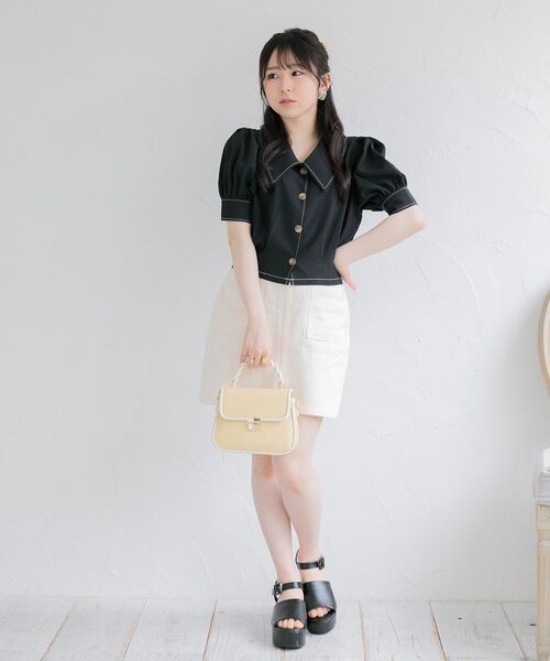 ems excite（エムズエキサイト）の「ステッチショートシャツ（シャツ/ブラウス・レディース・ブラック/ホワイト/ライトグレー・FREE）」の7枚目の写真