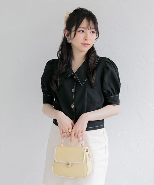 ems excite（エムズエキサイト）の「ステッチショートシャツ（シャツ/ブラウス・レディース・ブラック/ホワイト/ライトグレー・FREE）」の10枚目の写真