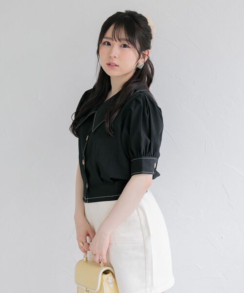 ems excite（エムズエキサイト）の「ステッチショートシャツ（シャツ/ブラウス・レディース・ブラック/ホワイト/ライトグレー・FREE）」の11枚目の写真