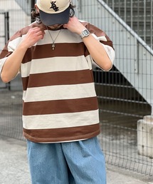 《JaVa ジャバコラボ》綿100%、ワイドボーダーbigシルエットトップス