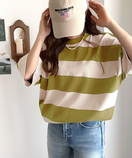 Java(ジャバ)の「《JaVa ジャバコラボ》綿100%、ワイドボーダーbigシルエットトップス(Tシャツ/カットソー・メンズ・ブラック/ブラウン/グリーン系その他/グレイッシュベージュ・MEDIUM/LARGE/X-LARGE)」の11枚目の写真