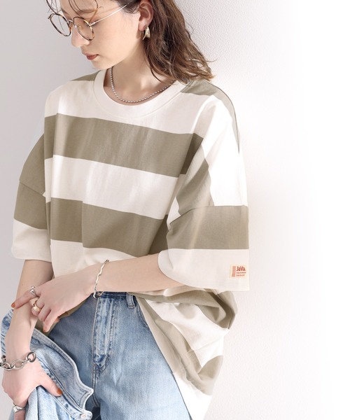 Java(ジャバ)の「《JaVa ジャバコラボ》綿100%、ワイドボーダーbigシルエットトップス(Tシャツ/カットソー・メンズ・ブラック/ブラウン/グリーン系その他/グレイッシュベージュ・MEDIUM/LARGE/X-LARGE)」の8枚目の写真