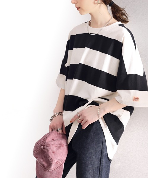 Java(ジャバ)の「《JaVa ジャバコラボ》綿100%、ワイドボーダーbigシルエットトップス(Tシャツ/カットソー・メンズ・ブラック/ブラウン/グリーン系その他/グレイッシュベージュ・MEDIUM/LARGE/X-LARGE)」の6枚目の写真