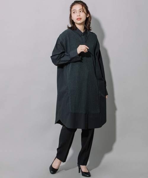 Munich（ミューニック）の「タイプライター×ニットドッキングシャツワンピース（シャツワンピース・レディース・エメラルド/ブラック/ホワイト・FREE）」の2枚目の写真