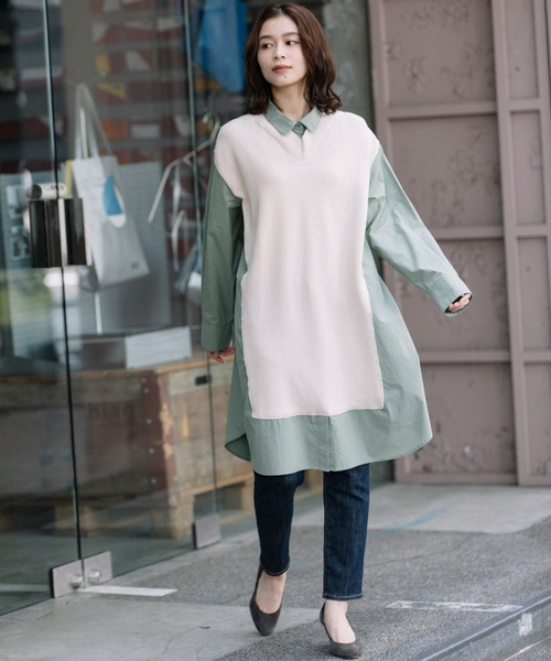 Munich（ミューニック）の「タイプライター×ニットドッキングシャツワンピース（シャツワンピース・レディース・エメラルド/ブラック/ホワイト・FREE）」の4枚目の写真