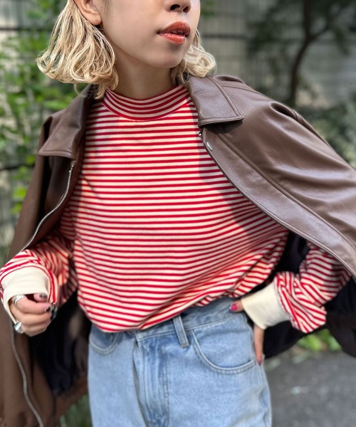 CIAOPANIC(チャオパニック)の「ボーダープチハイネックTEE(Tシャツ/カットソー・レディース・ホワイト/ベージュ/ブルー/オレンジ/ブラウン/グリーン・FREE)」の3枚目の写真