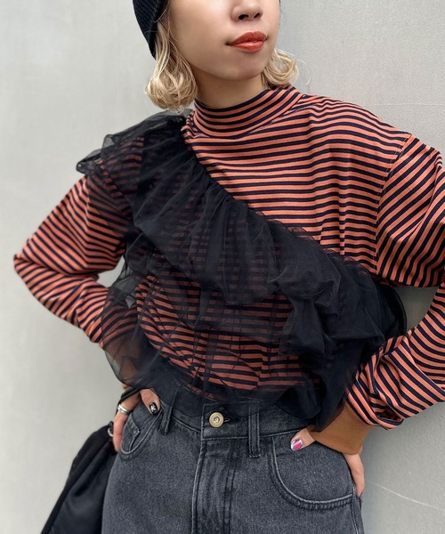 CIAOPANIC(チャオパニック)の「ボーダープチハイネックTEE(Tシャツ/カットソー・レディース・ホワイト/ベージュ/ブルー/オレンジ/ブラウン/グリーン・FREE)」の1枚目の写真