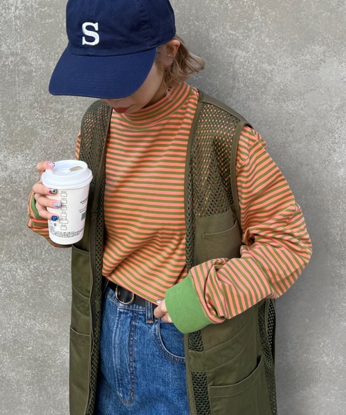 CIAOPANIC(チャオパニック)の「ボーダープチハイネックTEE(Tシャツ/カットソー・レディース・ホワイト/ベージュ/ブルー/オレンジ/ブラウン/グリーン・FREE)」の6枚目の写真