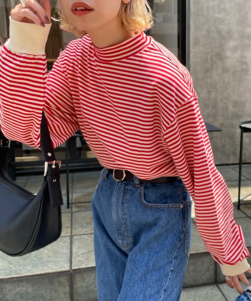 CIAOPANIC(チャオパニック)の「ボーダープチハイネックTEE(Tシャツ/カットソー・レディース・ホワイト/ベージュ/ブルー/オレンジ/ブラウン/グリーン・FREE)」の9枚目の写真